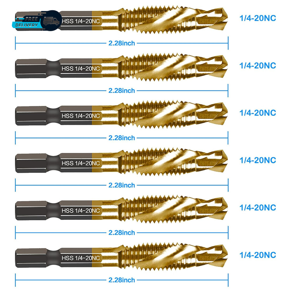 6-Pc 1/4-20NC Combination Drill Tap Bit Set SAE, 1/4" UNC-20 Thread Size