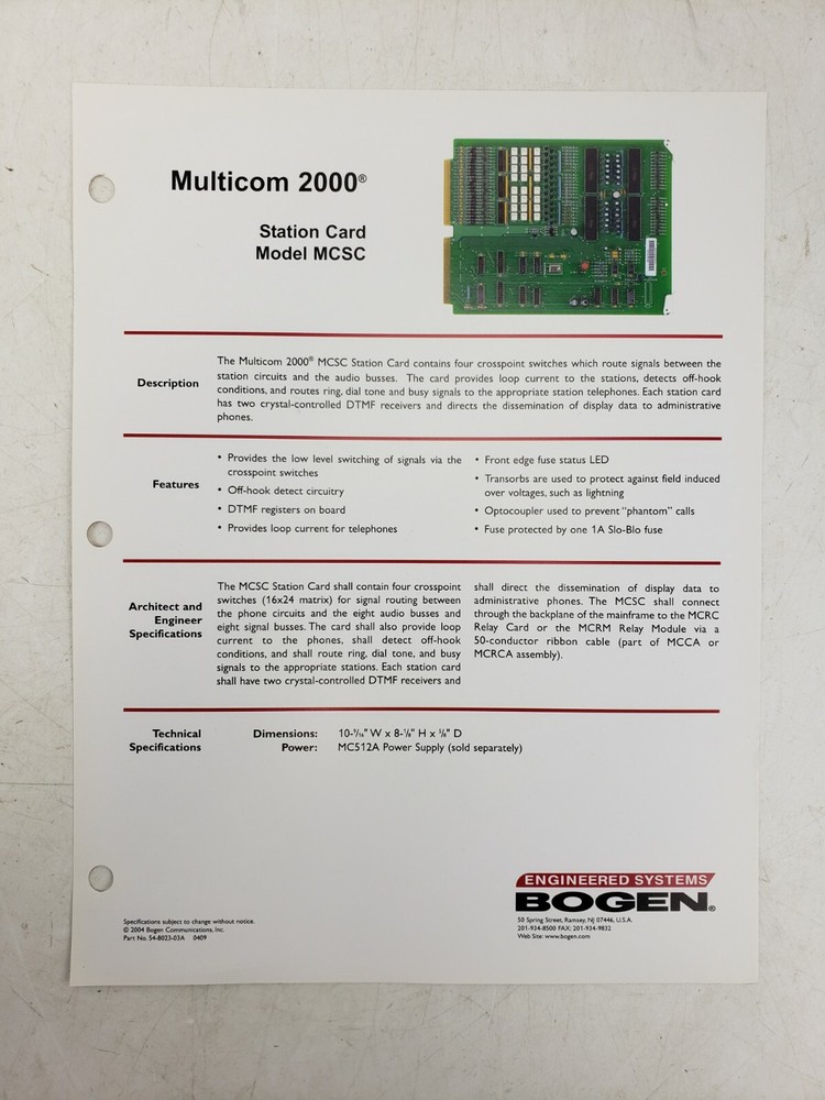 Bogen Multicom 2000 Station Card MCSC Intercom System Used AS IS #4