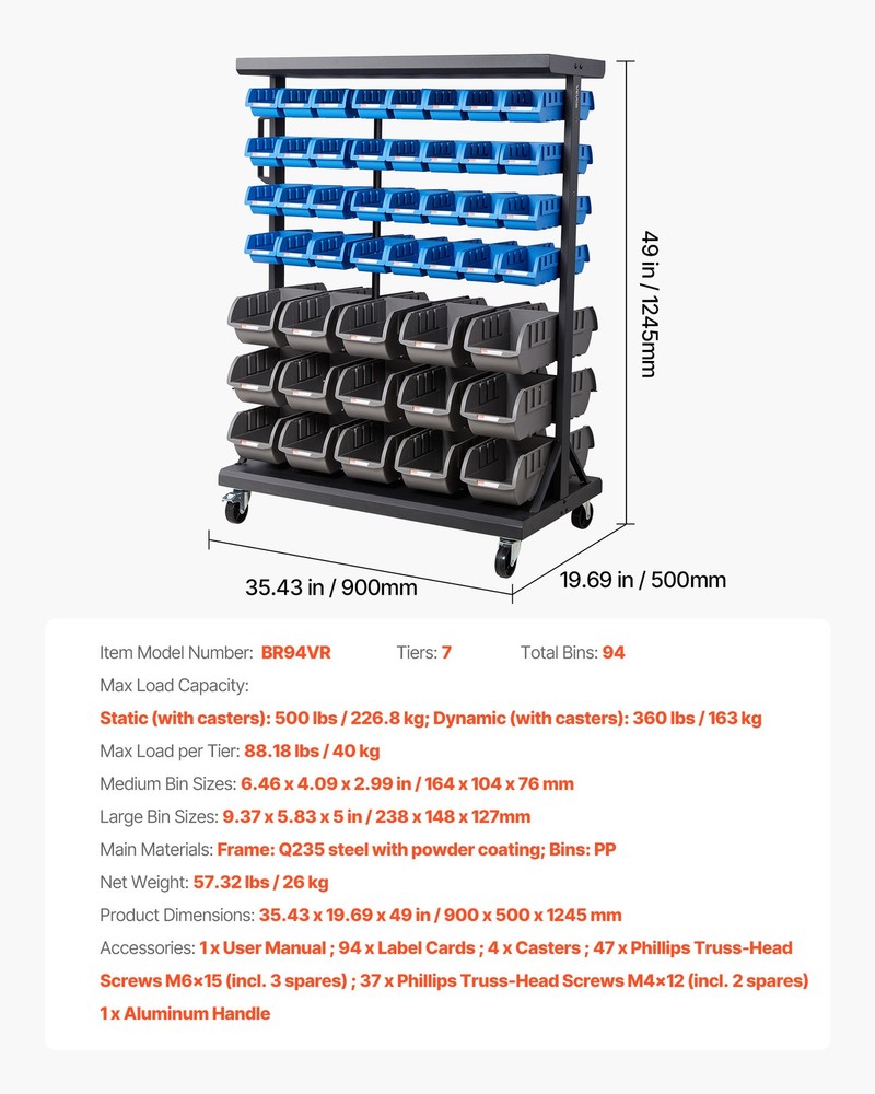 VEVOR Double-Sided Rolling Bin Rack 7-Tier Bin Rack Storage System with 94 Bins