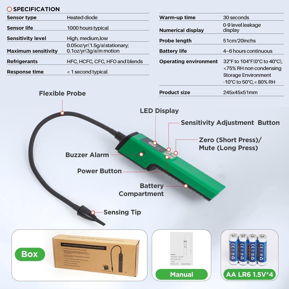 Sensitive HVAC Refrigerant Leak Detector with Heated Diode Sensor