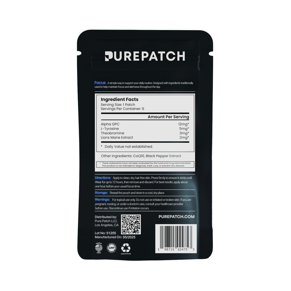 Pure Patch Focus Patch – Plant-Based Vegan Topical Patch – Alpha GPC – Lion’s...