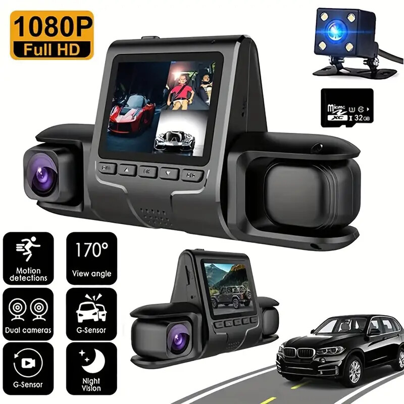 2-Inch 3 Lenses Dash Cam Front Rear Inside 1080P Car DVR Dashboard Camera