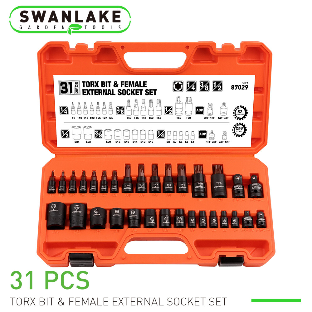 31PC Torx Bit & Female External Socket Set T8- T70 E4-E24 Impact Socket Adapters