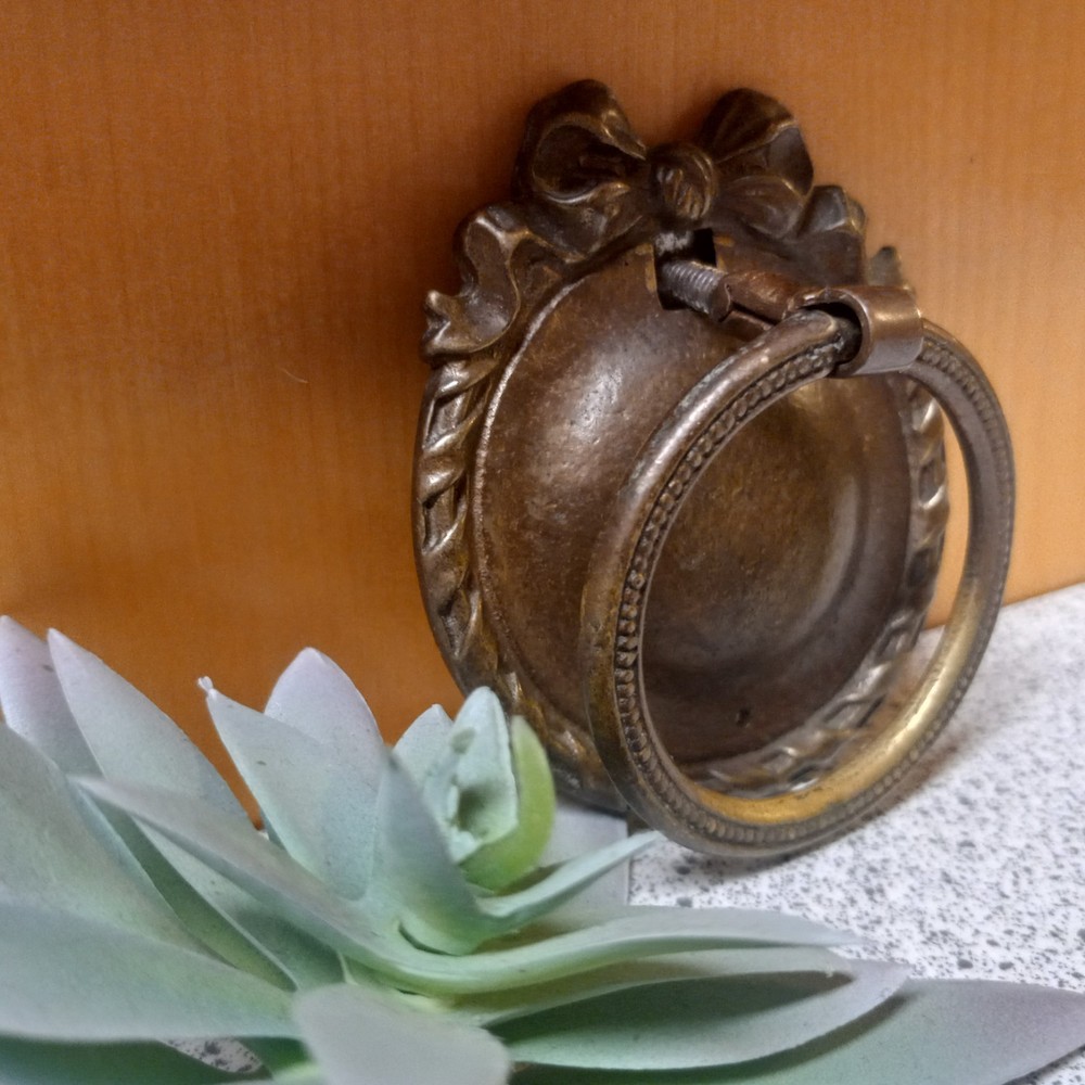 Antique Victorian Cast Brass Ornate Drop Ring Drawer Pull Decorative Makers Mark