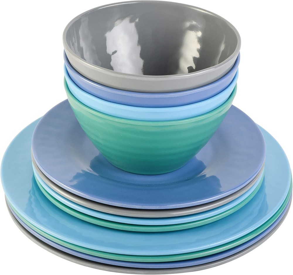 Brist Melamine Plastic Dinnerware Set Service Four 12pcs Blue