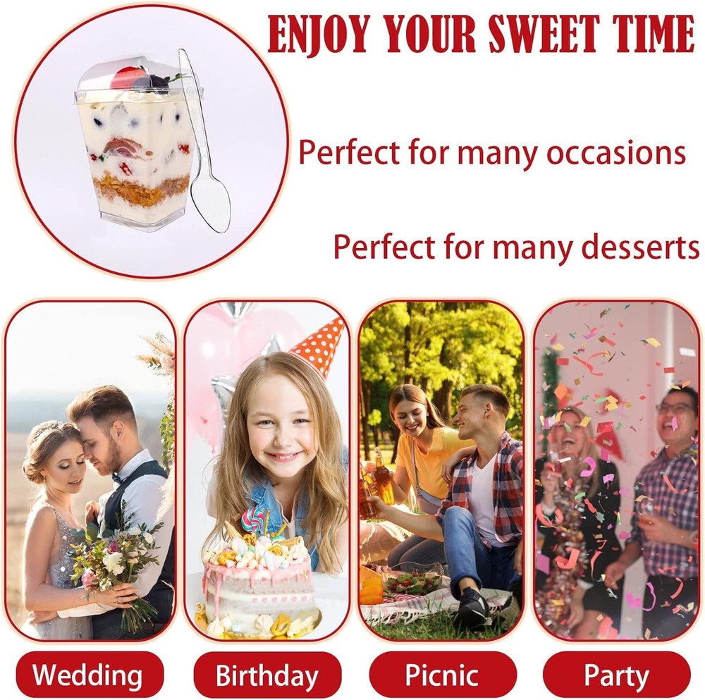 50Pack 5oz Clear Plastic Dessert Cups with Lids and Spoons, Normal,