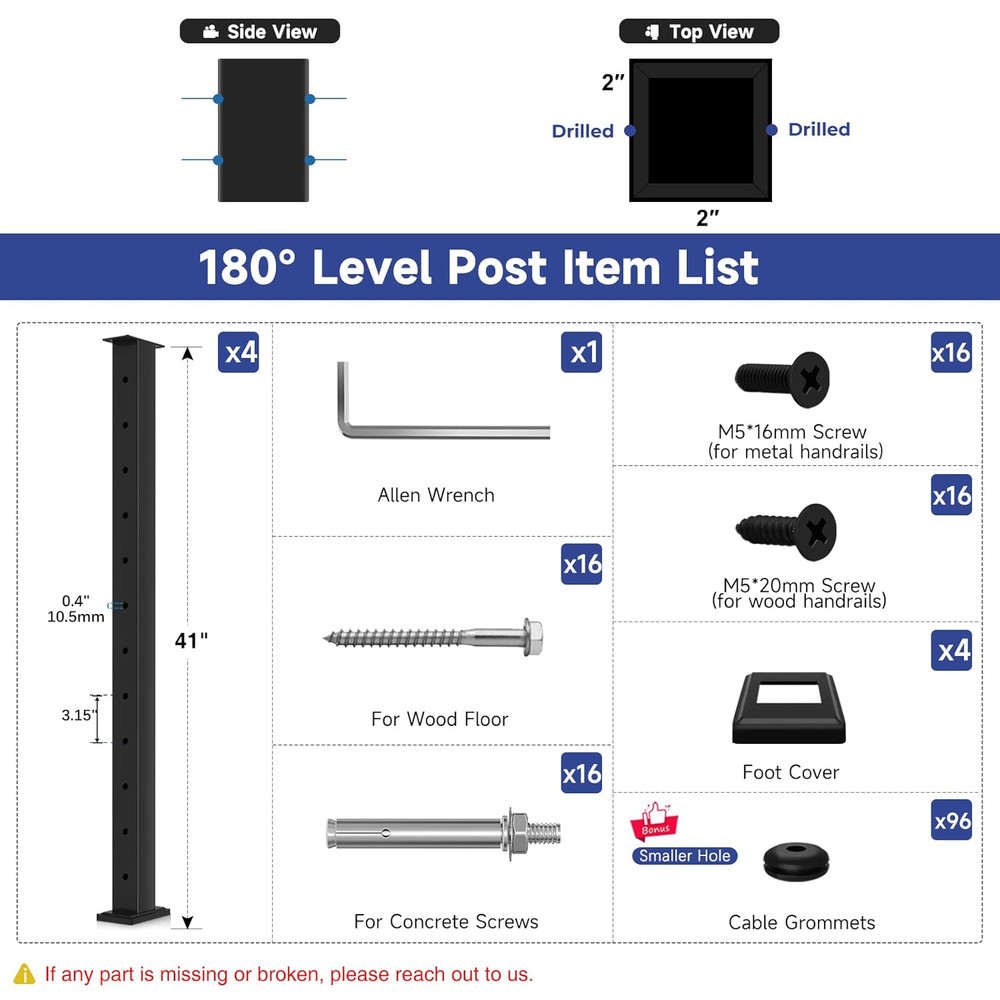 Matte Black 42" Cable Railing Post 4 Pack for Decks & Balconies