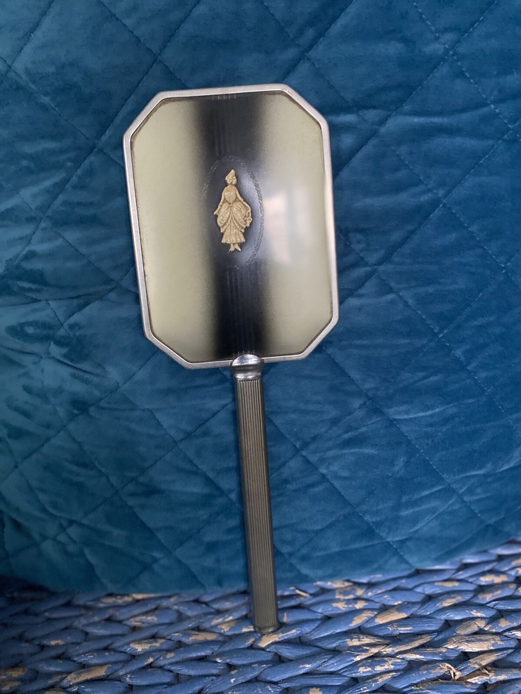 Vintage Hand Held Vanity Mirror Black Silver Victorian Decor