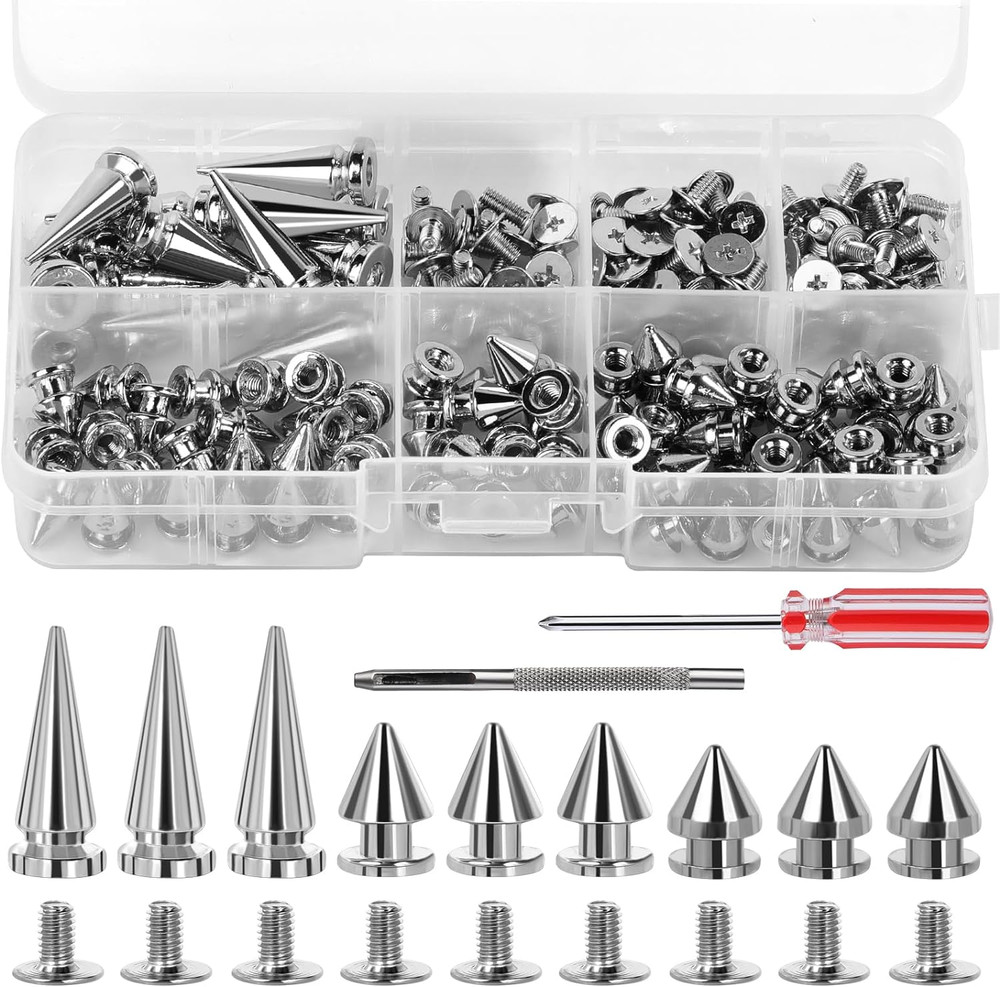 80 Pieces Multiple Sizes Cone Spikes, Screwback Studs Rivets, 3 Sizes Metal Tree
