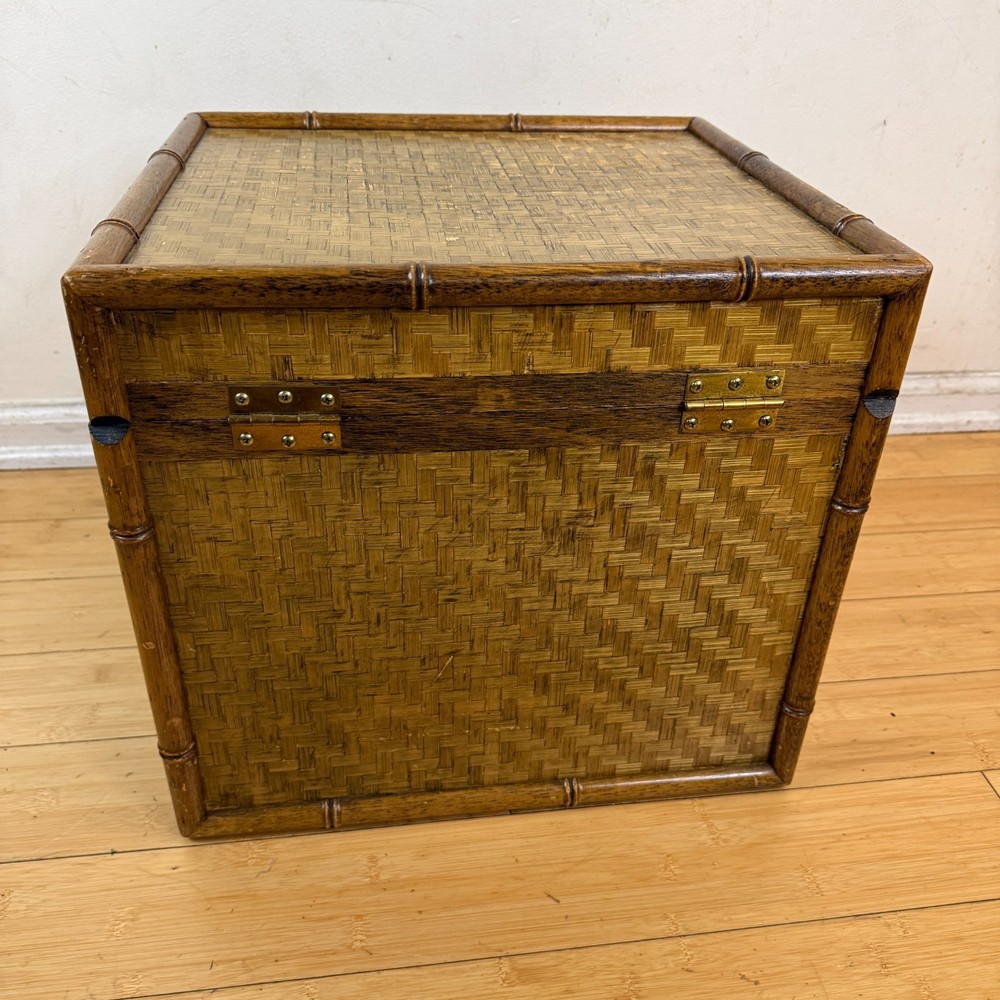 Vintage Bamboo Lidded Chest Trunk Hamper Herringbone Woven Wicker
