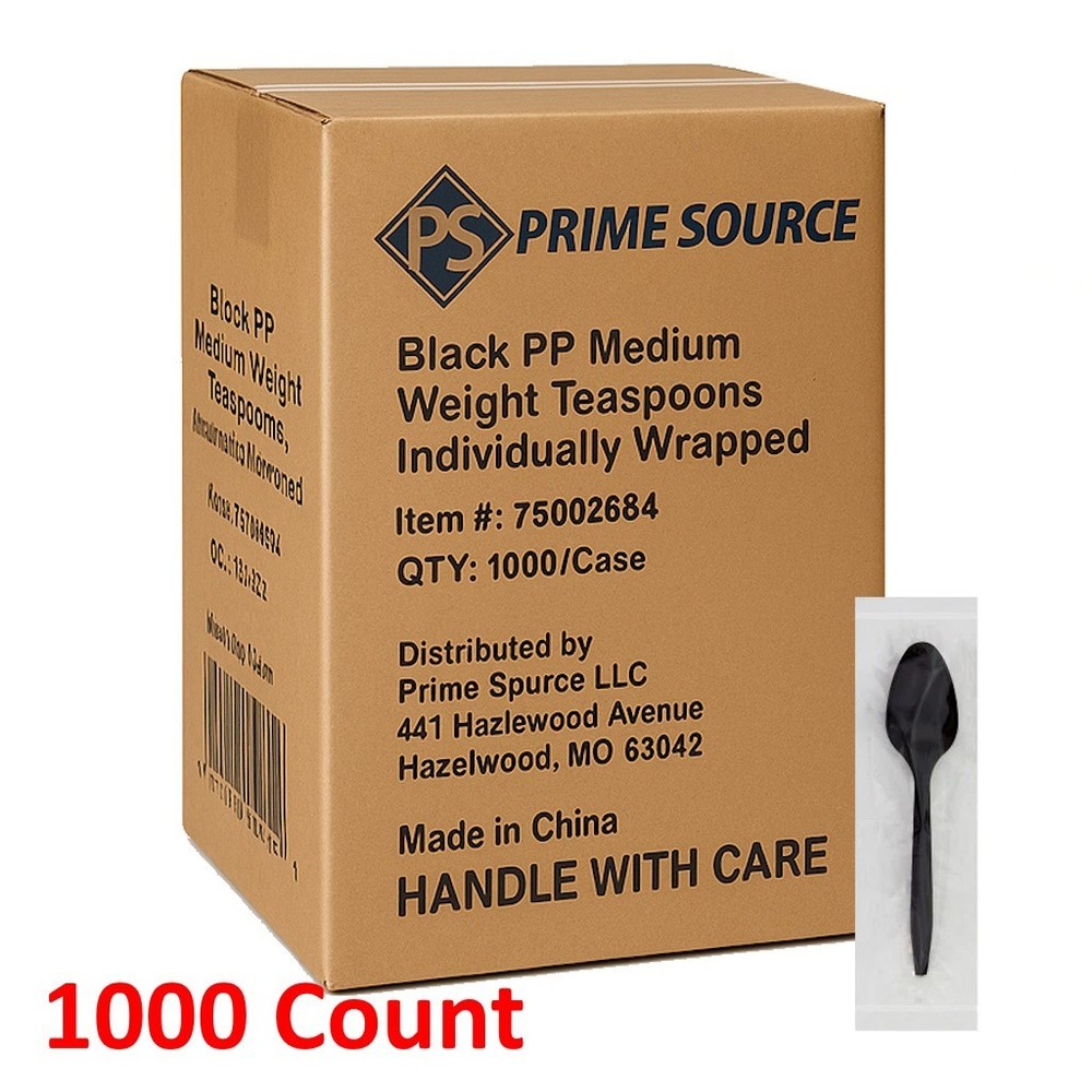 Prime Source 75002684 Black PP Medium Weight Teaspoons, Individually Wrapped