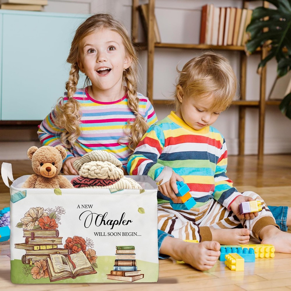 Book Theme Foldable Storage Basket with Handles, Waterproof Fabric Organizer ...
