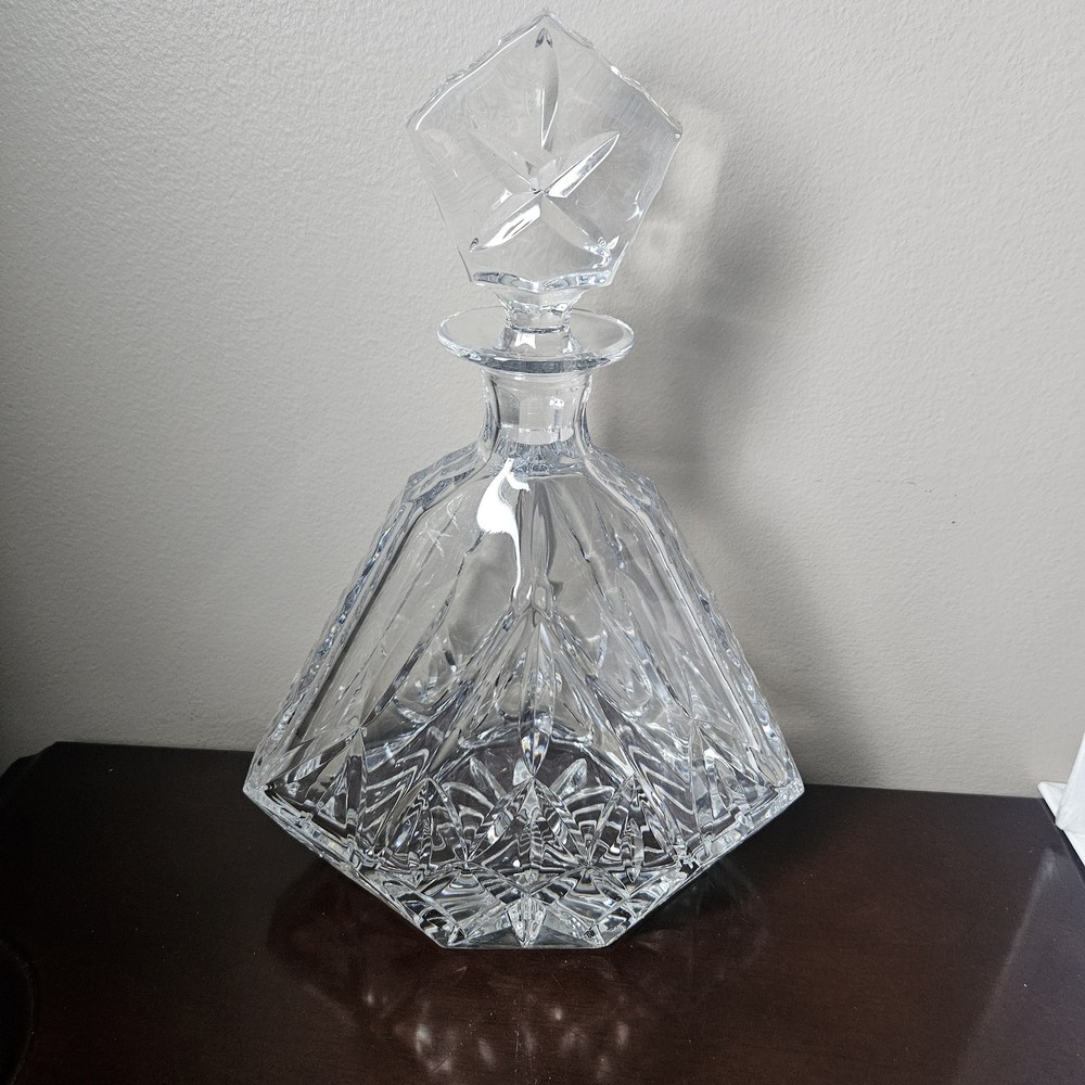 Vintage Block Cut Crystal Triangular Decanter & Stopper Olympic Pattern Heavy