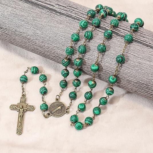 Natural Malachite Stone Rosary Beads Necklace St. Benedict Cross and Medal