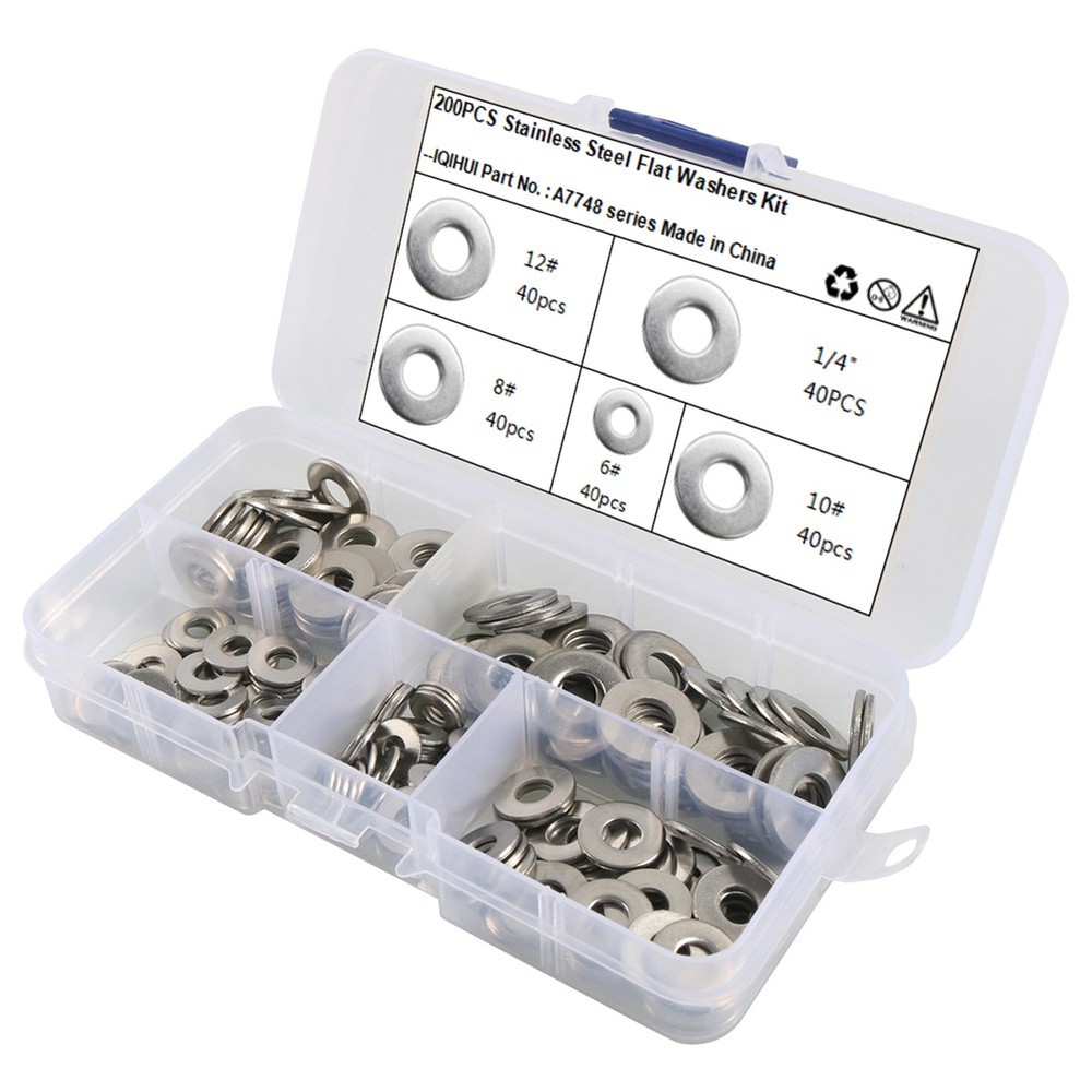 200Pcs Stainless Steel Sealing Plain Flat Washers Gaskets Set