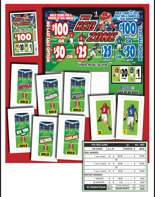 Pull Tab Ticket - Hard Card - Game - The Red Zone - 240 ct