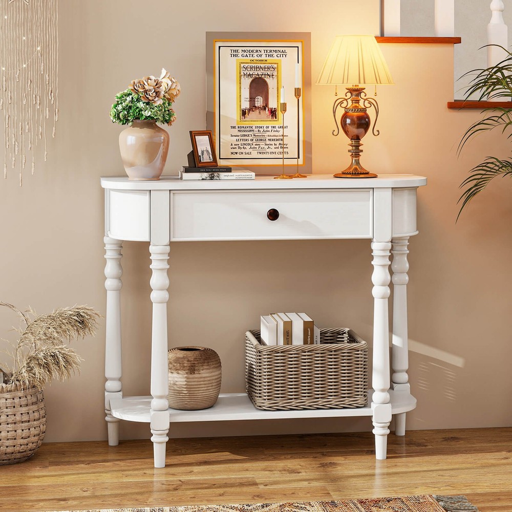 Retro Console Table 36"L Wooden Entryway Table with Storage Drawer & Open Shelf