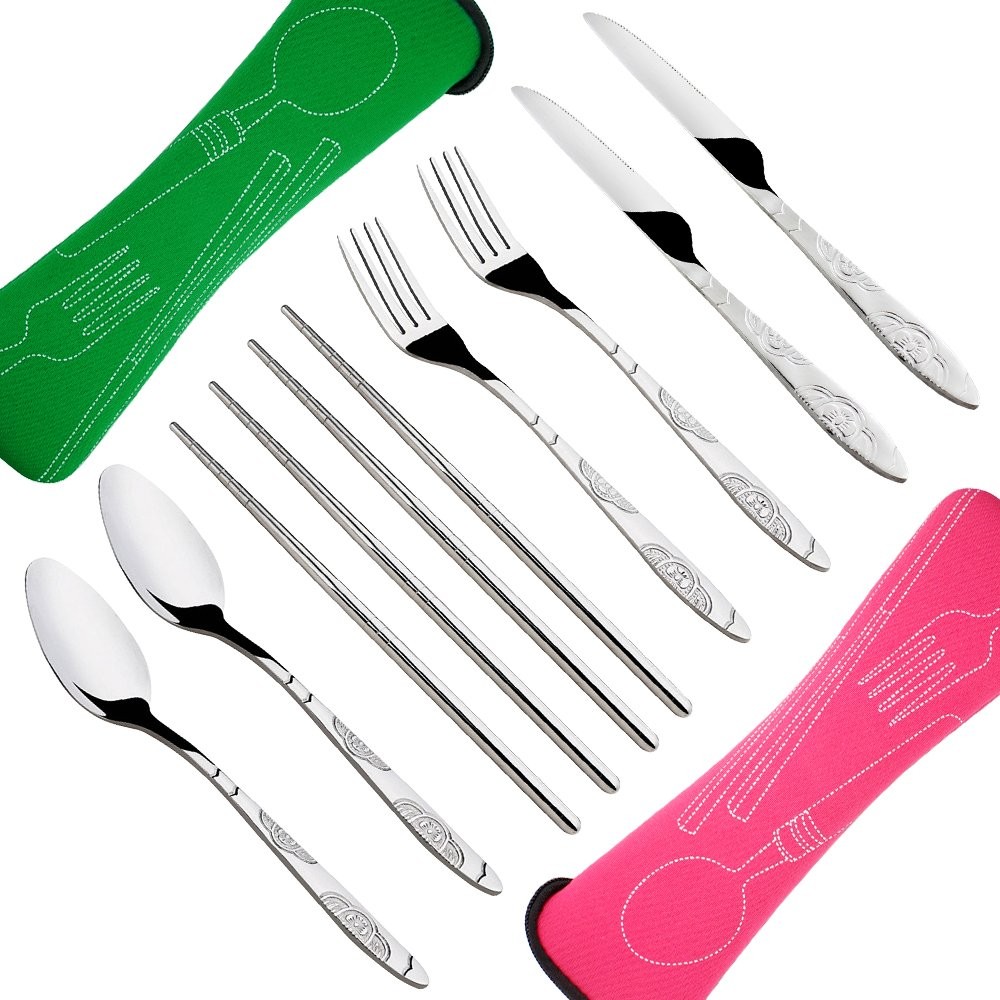 8 Pieces Flatware Sets , Fork, Spoon, Chopsticks, 2 Pack Rustproof Stainless ...