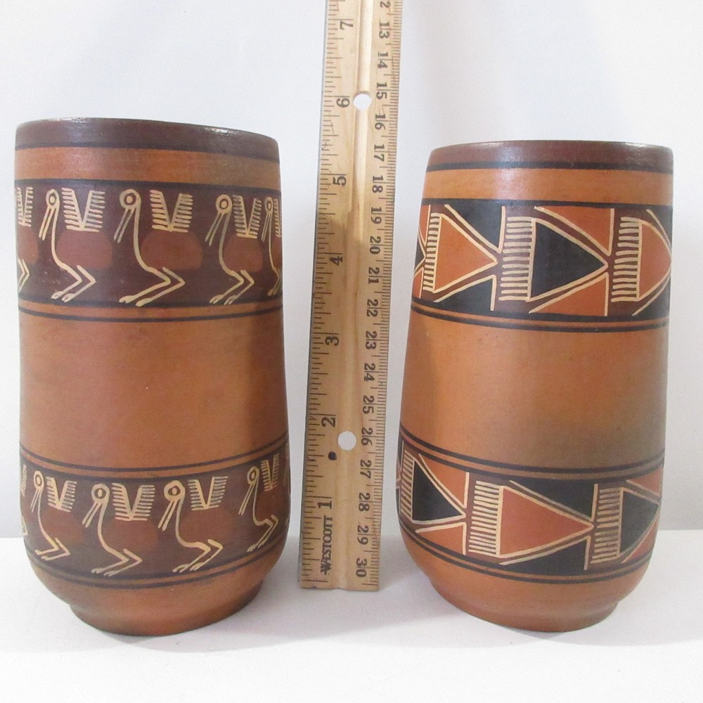 Peruvian Red Clay Earthenware Vessels Drinking Cup Vase Handmade Hand painted