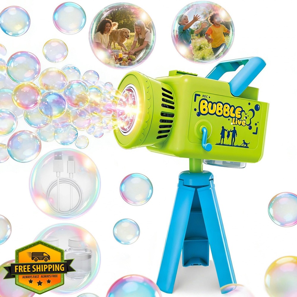 Rechargeable Camera Bubble Machine Kids LED Light Auto Rotation Type-C Outdoo...