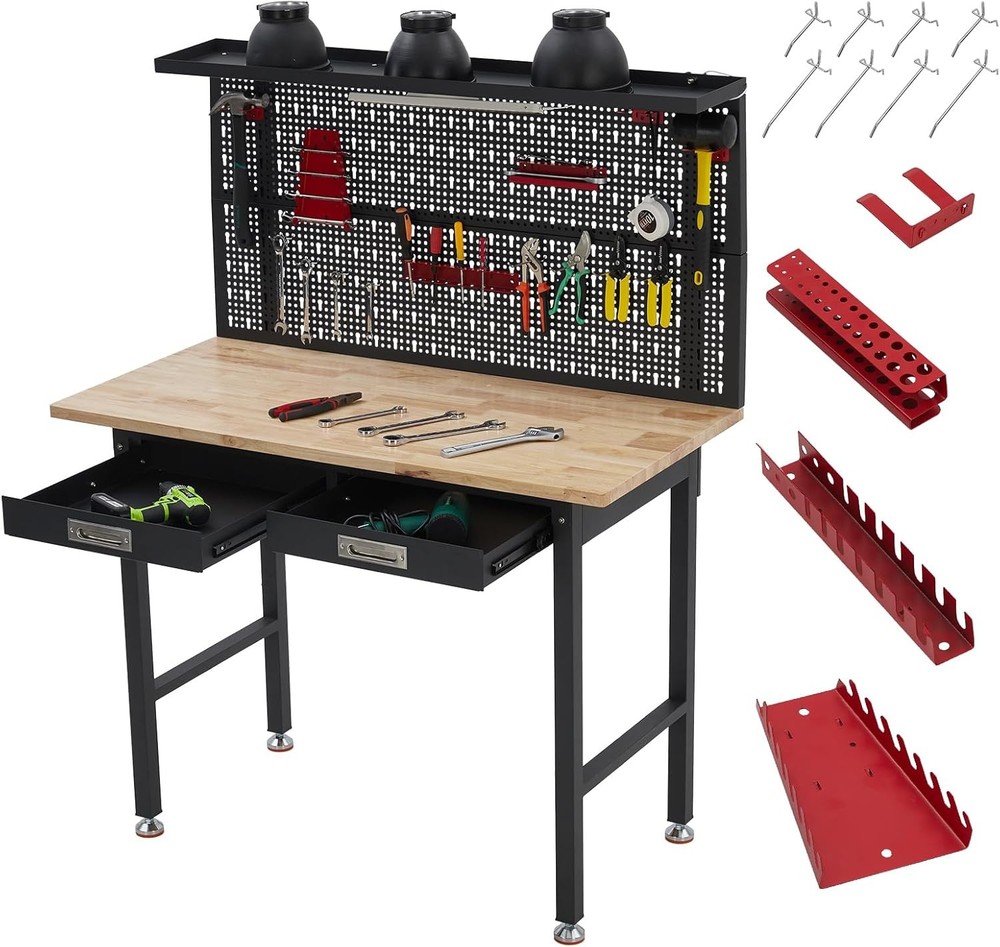 48/60"L Heavy-Duty Adjustable Workbench with Pegboard & Power Outlets Work Bench