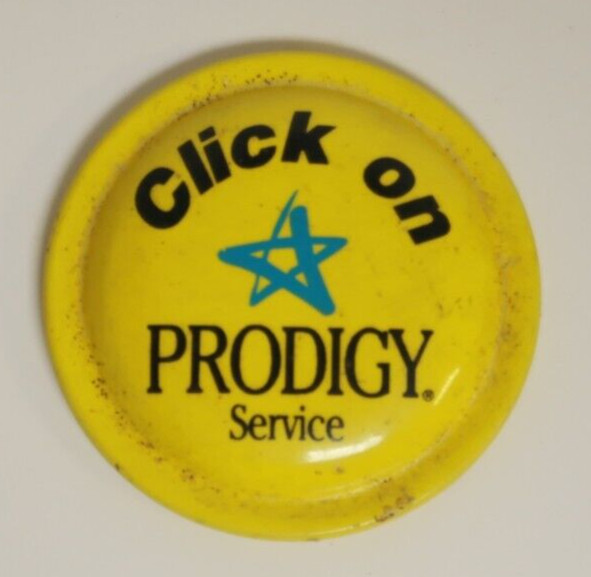 Vintage Yellow Button Click on Prodigy Service Button 1.5"