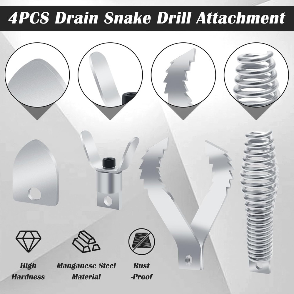 4PCS Drain Snake Drill Attachment, Drain Cleaner Combination Cutter Head Set fo
