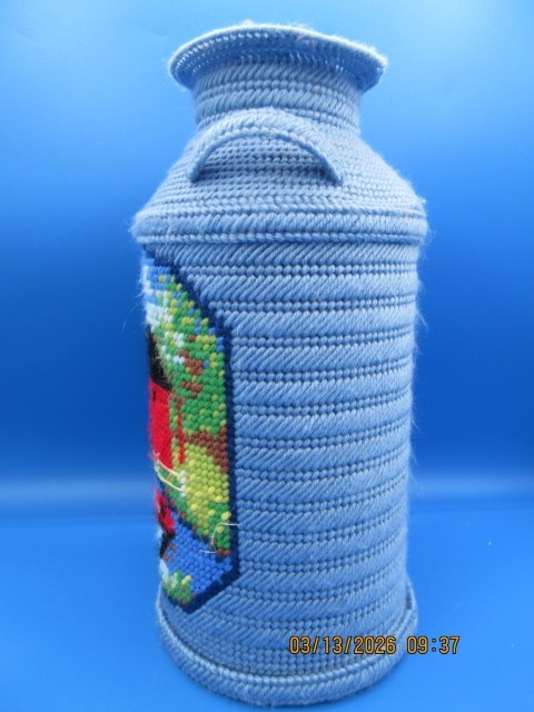 Plastic Canvas Milk Jug Light Blue with Rustic Barn Scene Hand Made