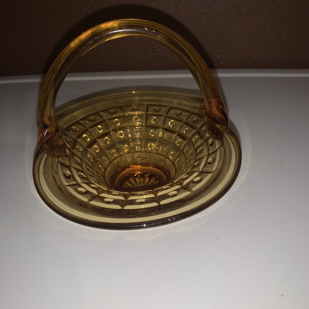 Basket Amber Pressed Depression Glass Square & Dot Pattern 5.5"
