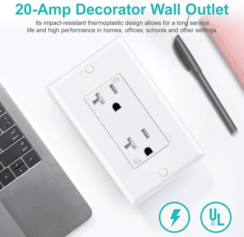 Outlet Socket, Decora Duplex Receptacle, 20A TR outlet with wallplates 10pack