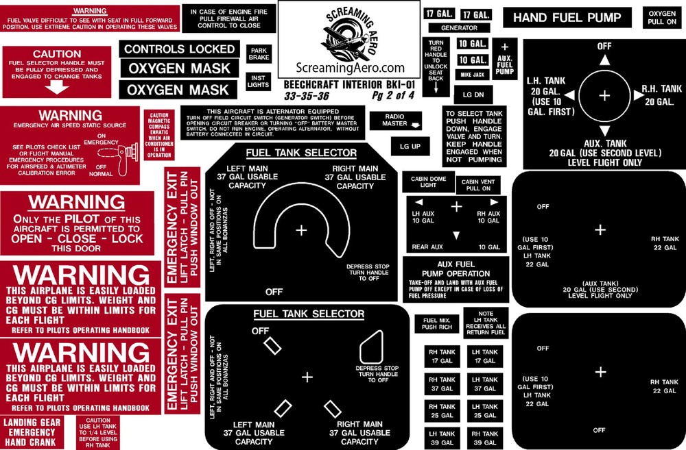 Beechcraft 33-35-36 4 Pg Interior Placard Kit