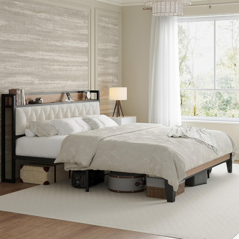 King Bed Frame, Storage Headboard with Charging Station, Platform Bed Frame with