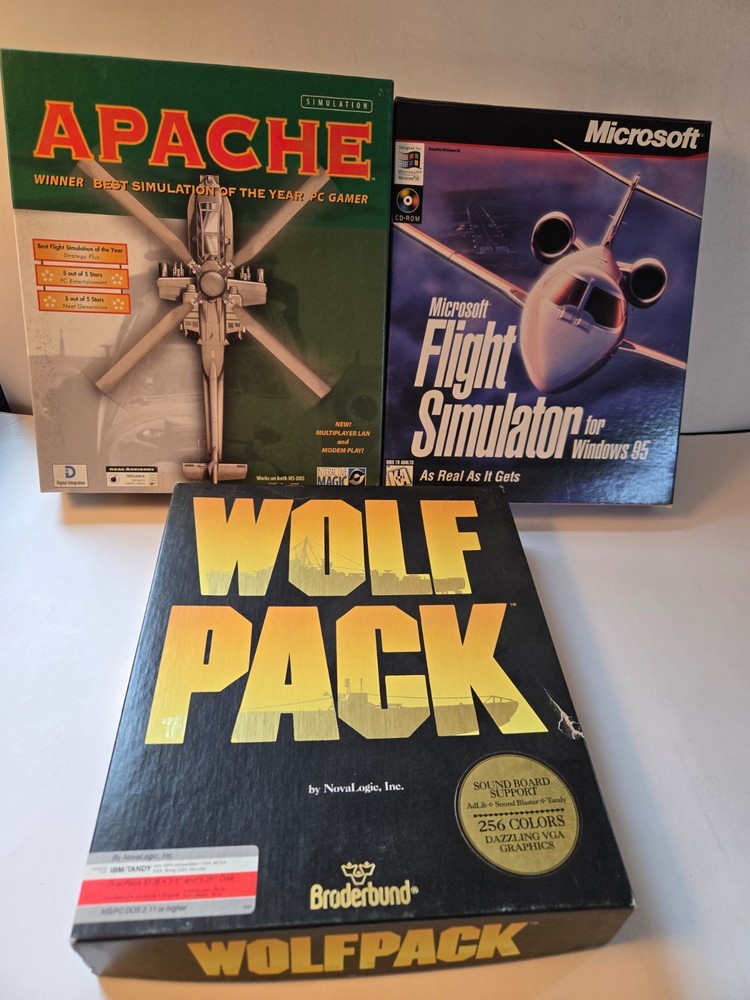 Lot of 3 Vintage PC Computer Big Box Game Wolf Pack, Apache, Flight Simulator