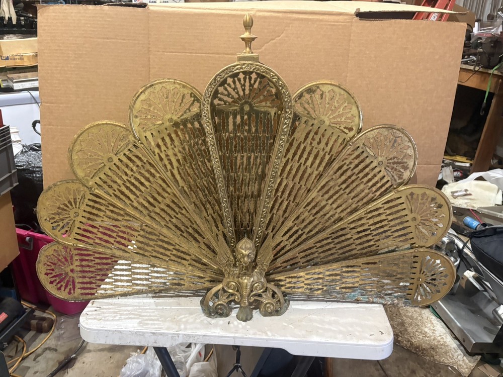 Vintage Brass Peacock Fire Guard Screen - Folding Fan