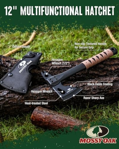 12" Camping Axe & Survival Hatchet with Sheath, Compact Multitool, Non-Slip Hand