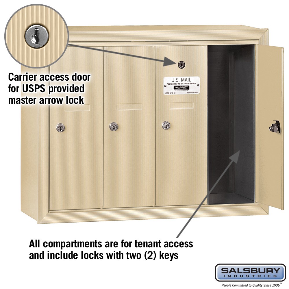 Salsbury Vertical Mailbox 4 Doors Sandstone Surface Mounted USPS Access- 3504SSU