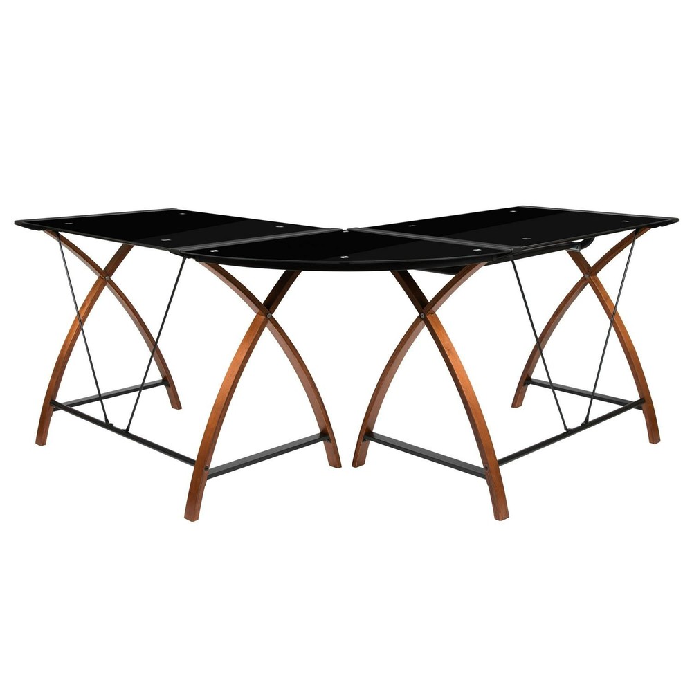 Glass L-Shape Corner Computer Desk With Pull-Out Keyboard Tray