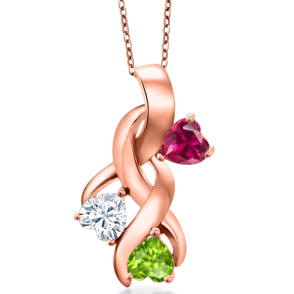 18K Rose Gold Plated Silver Created Ruby and White Moissanite and Peridot