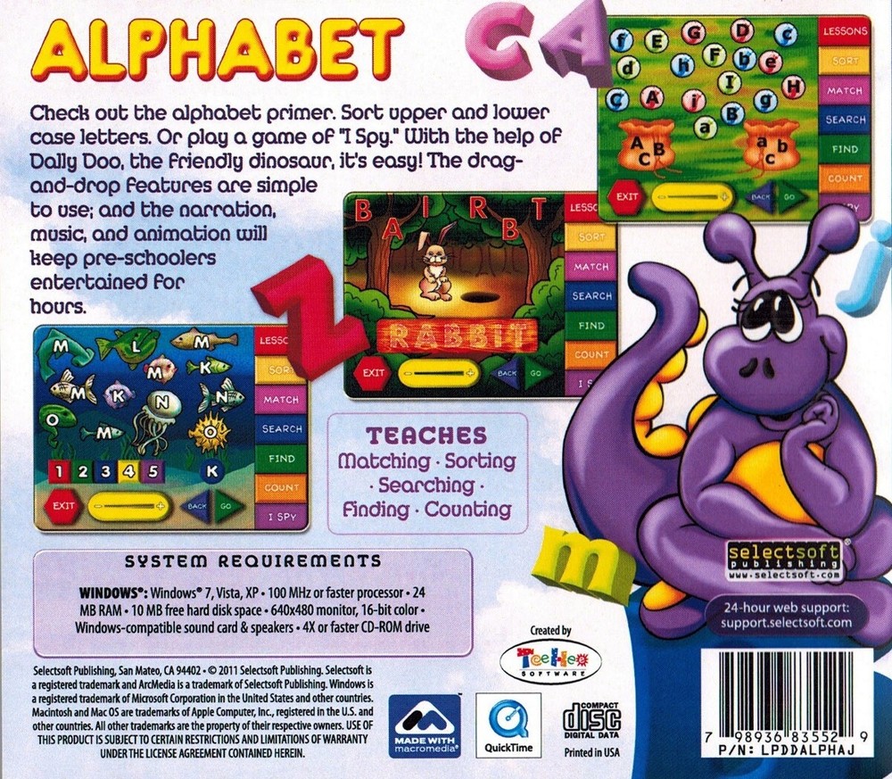 Dally Dinosaur Teaches Alphabet Age 3+ PC Edutainment Software Sealed New