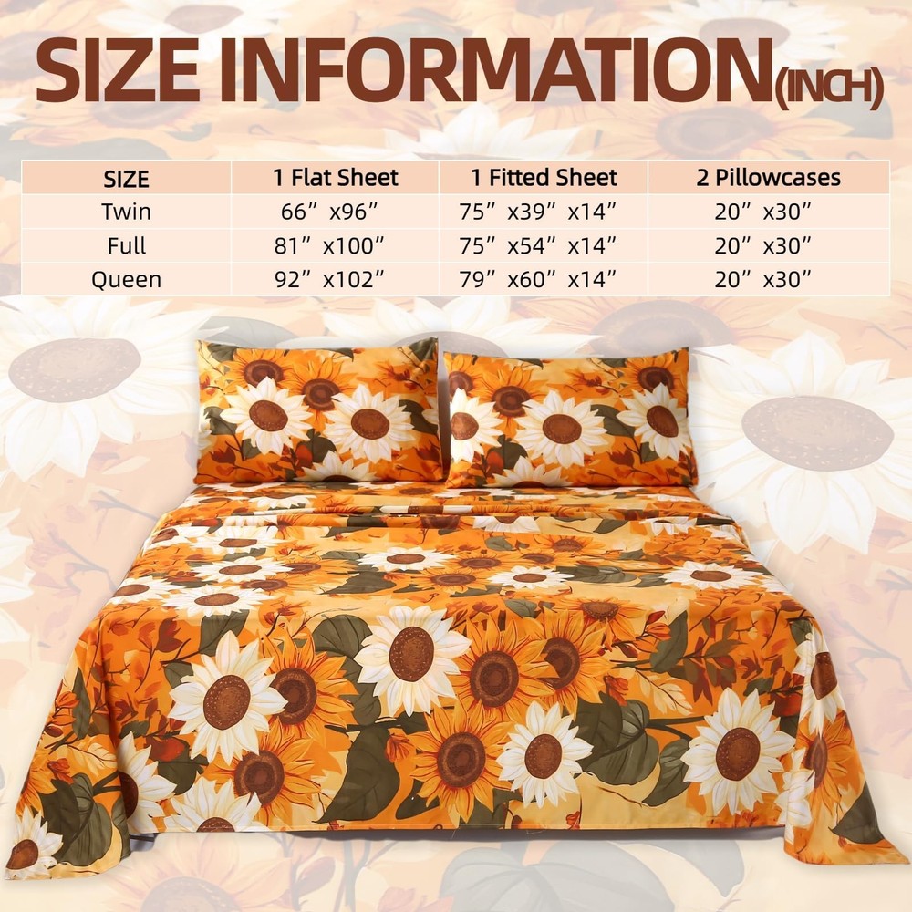 4Pcs Floral Full Size Bed Sheets,Microfiber Floral Bedding Sheet Sets,Boho Ye...