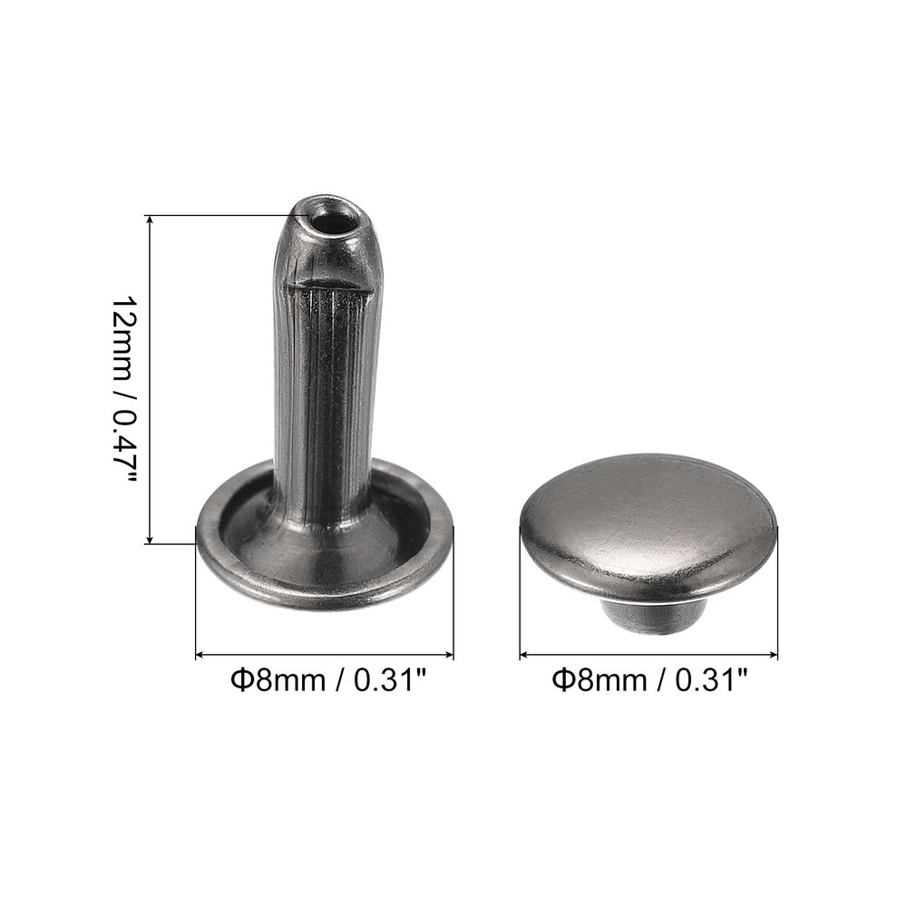 50 Sets Leather Rivets, 8mm Double Cap Rivets 12mm Height Studs, Gun-black