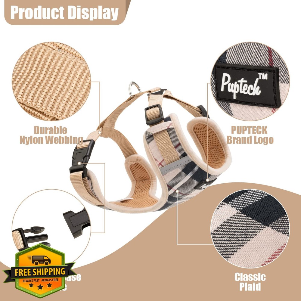 PUPTECK Small Dog Harness Leash Set Beige Plaid XS No Pull Mesh