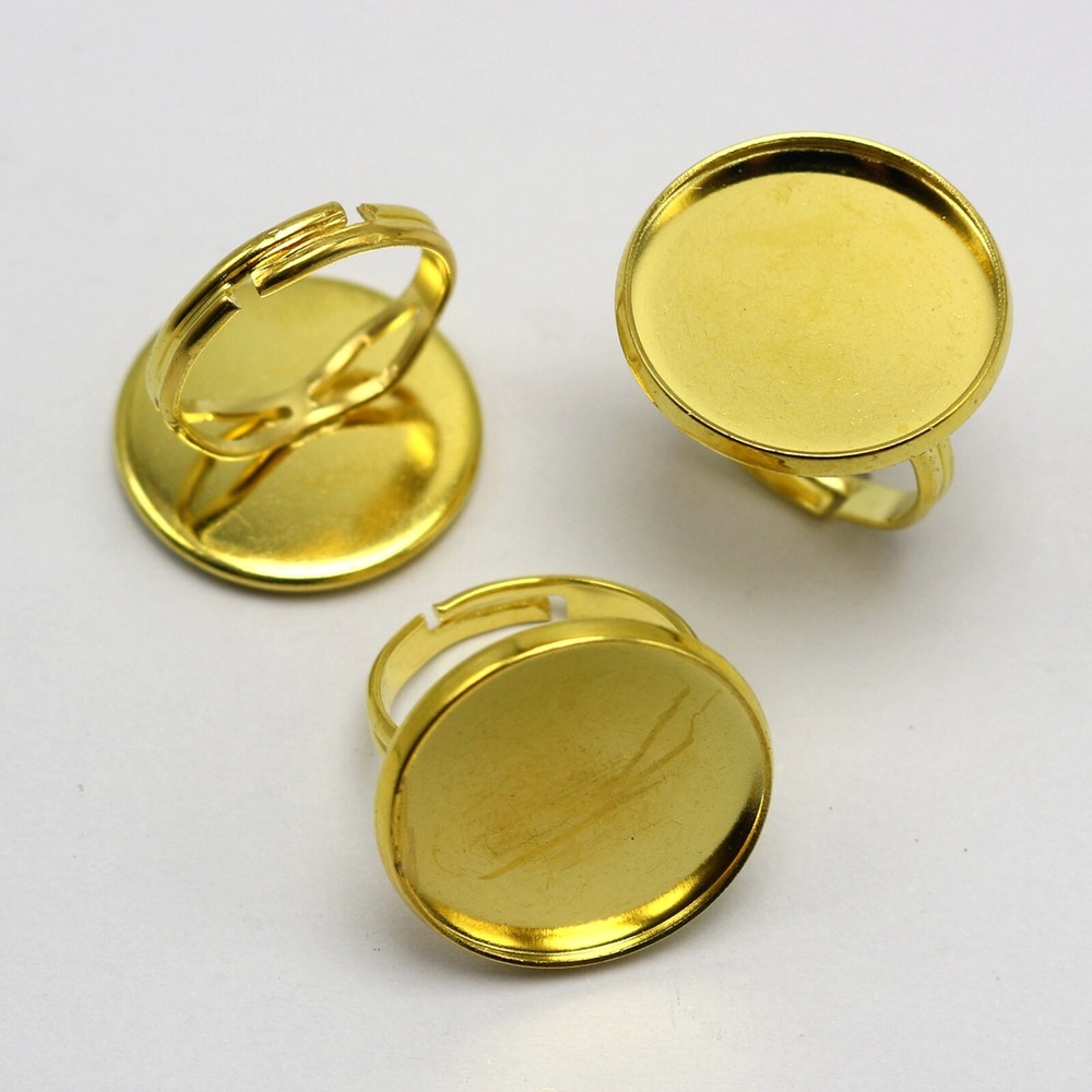 10 Pcs Brass Ring Blanks Adjustable with Round Bezel Setting Cup 10mm-20mm Gold