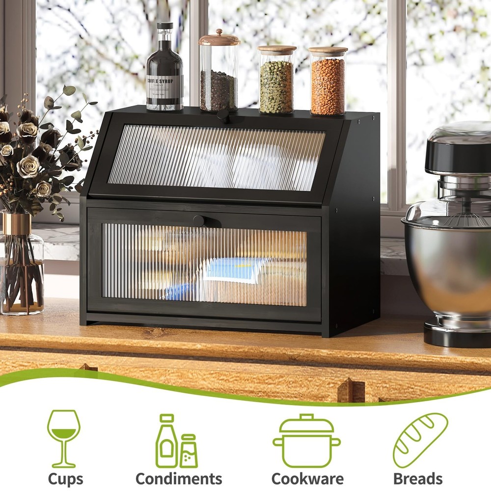 BMOSU Large Double Layer Bread Box for Kitchen Countertop, Bamboo Wood Capaci...