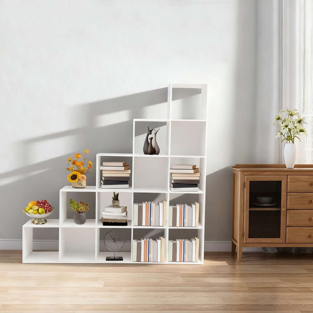 15-Cube Ladder Cube Storage Bookcase L-Shaped Corner Shelf for Home&Office White