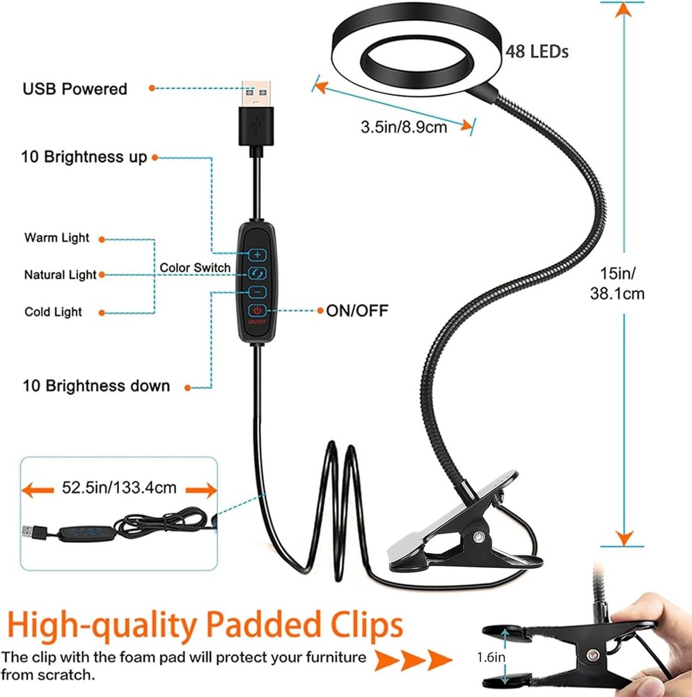 Clip on Light LED Reading Book Study Lamp 3 Color Modes 10 Brightness Eye Pro...