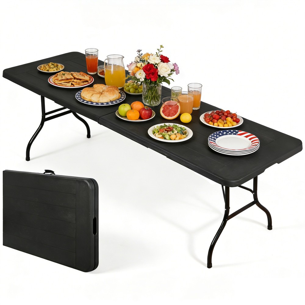 8FT Portable Folding Table Fold-in-Half Plastic Table for Dining Picnic Black