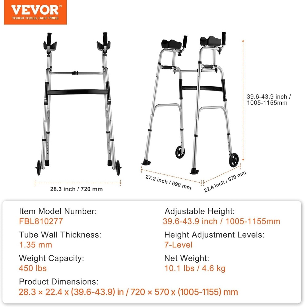 2 in 1 Folding Walker & Removable Armrests, Height Adjustable Foldable Wal