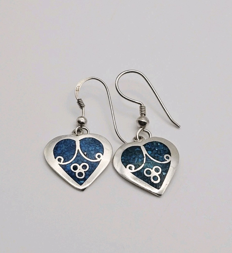 Lex Billie Sterling Silver Native Navajo Crushed Turquoise Heart Dangle Earrings