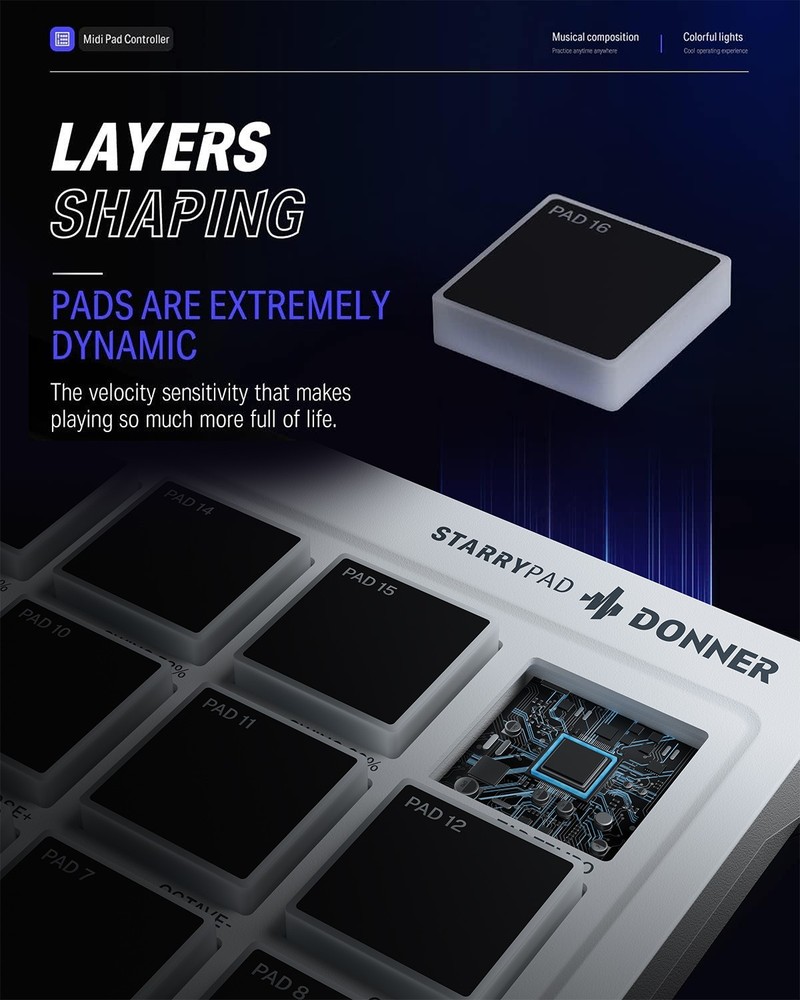 Donner STARRYPAD Drum Machine 16 Beat Pads USB MIDI Controller White